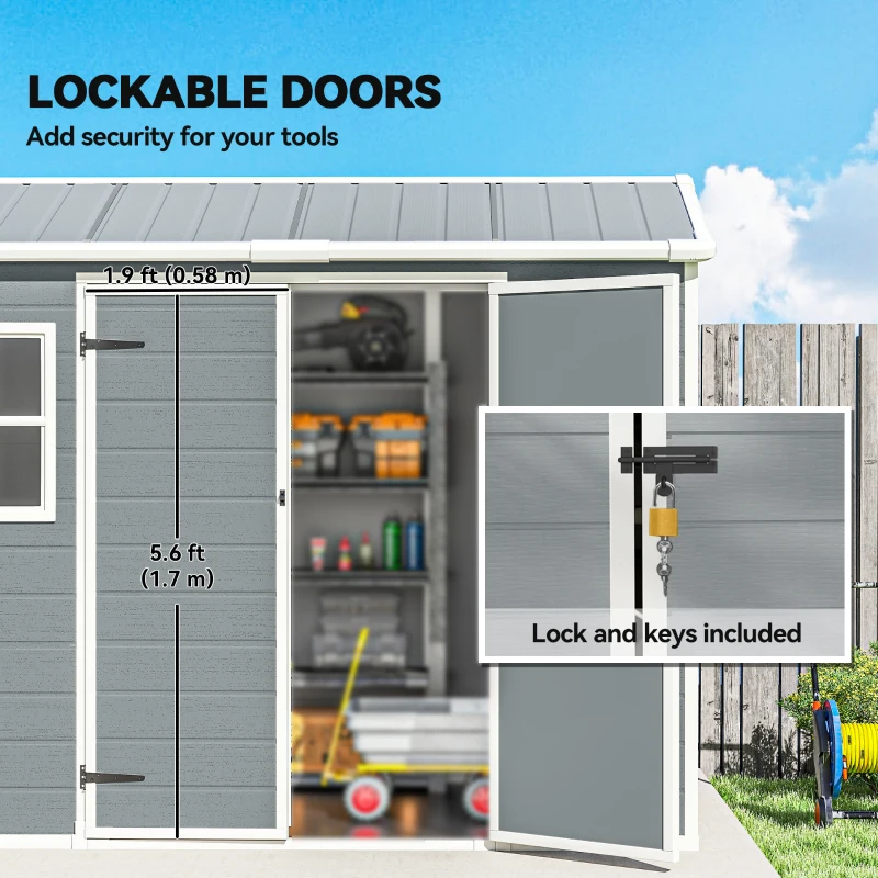 Outsunny 8 x 4 ft Plastic Garden Shed, Wood-Effect Outdoor Storage Shed with Floor, Windows, Lockable Doors and Vents, Light Grey