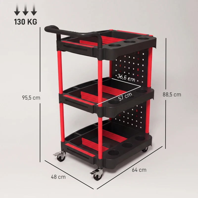 HOMCOM Gereedschapswagen met 3 niveaus, gatenbord en haken, verrijdbare werkplaatswagen met remmen, zwart/rood