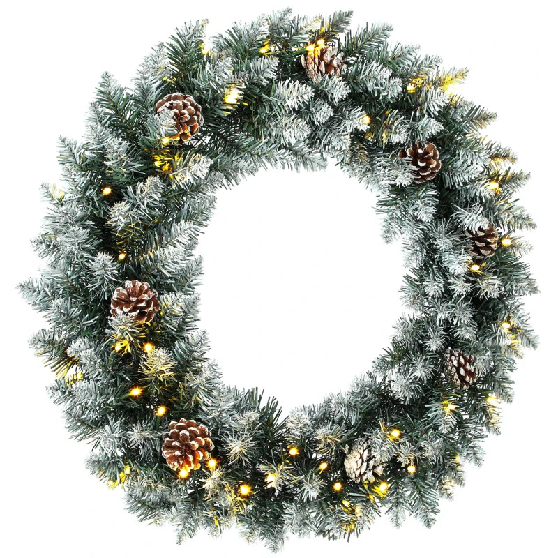HOMCOM Guirlande de Noël enneigée Ø60 cm avec lumières LED 8 modes, 140 branches, pommes de pin, couronne de Noël, Vert