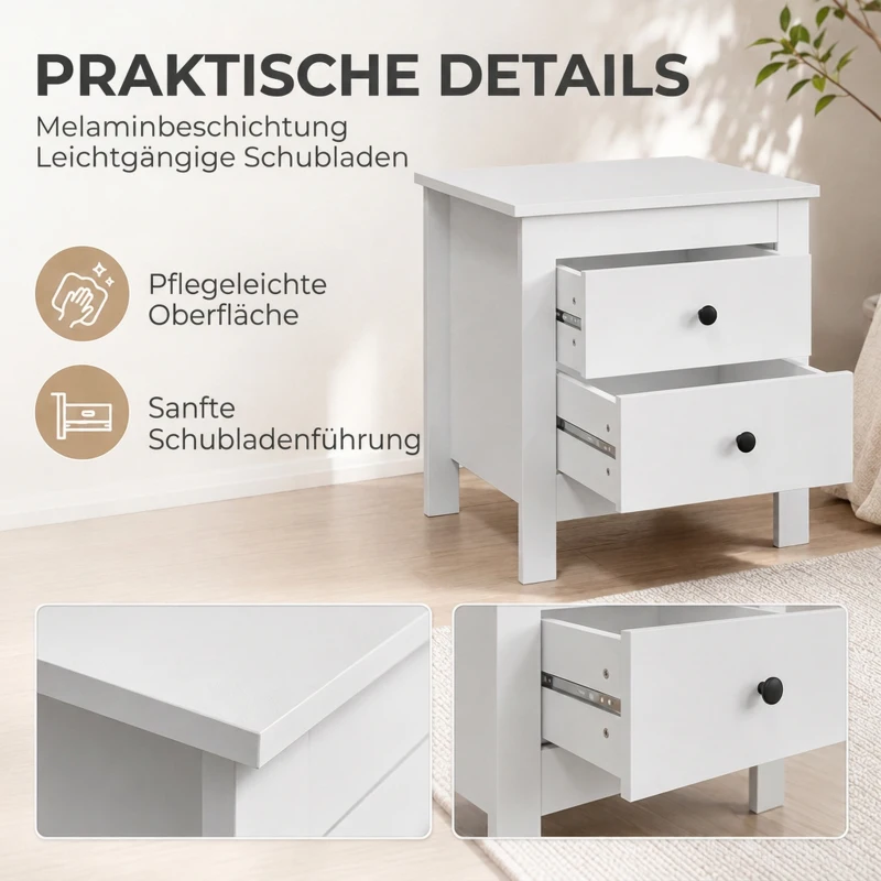 HOMCOM Modern nachtkastje met 2 lades, bijzettafel met antislippads voor de slaapkamer, wit
