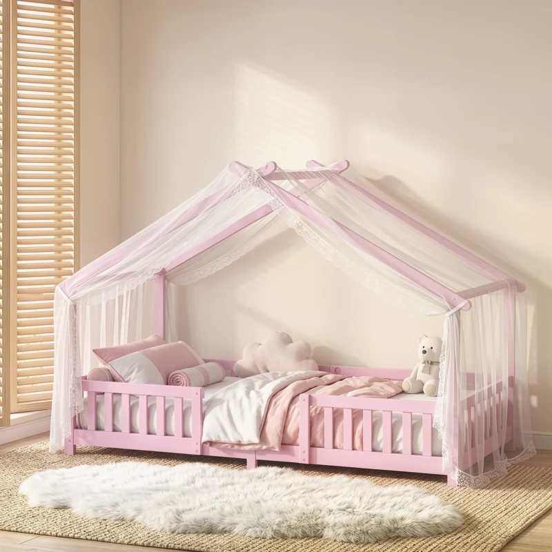 AIYAPLAY Wooden Kids House Single Bed Frame, Solid Pine Wood Toddler Bed with Dual Guardrails for Children, Boys, Girls, Pink