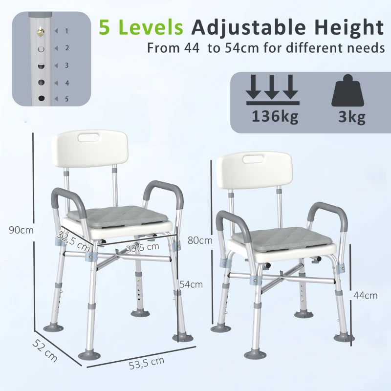 HOMCOM Tabouret de Douche Réglable en Hauteur à 5 Niveaux, Chaise de Douche, Accoudoirs Rembourrés et Coussin Amovible, Gris