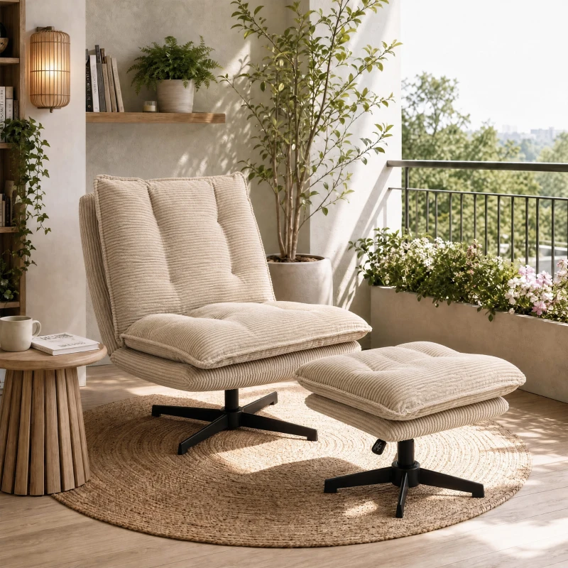 HOMCOM Sillón lounge con reposapiés, giratorio 360°, tapizado de pana, reposapiés regulable en altura, Beige