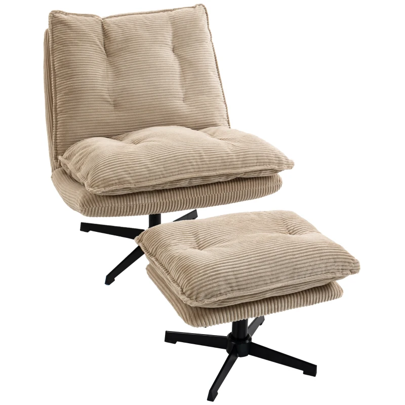 HOMCOM Sillón lounge con reposapiés, giratorio 360°, tapizado de pana, reposapiés regulable en altura, Beige