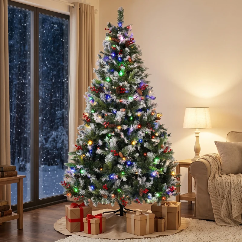 HOMCOM Albero di Natale Innevato 180 cm, 250 LED a 2 Colori, Telecomando, 11 Modalità, Pigne e Bacche Rosse