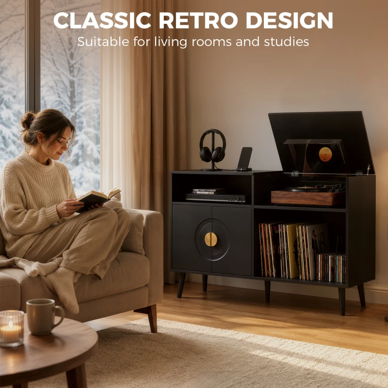 HOMCOM Record Player Stand, Vinyl Record Holder with Storage Holds Up to 300 Albums with Flip-Top Compartment, Black