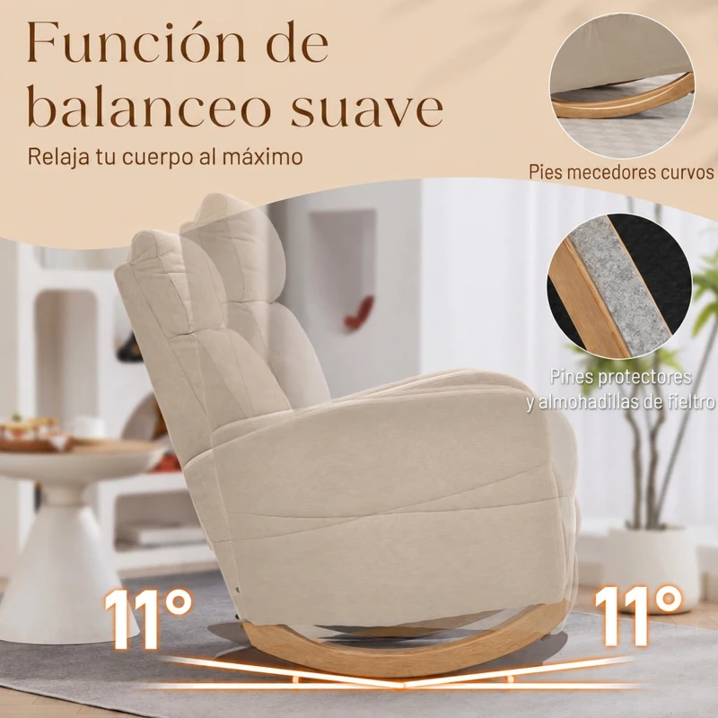 HOMCOM Silla Mecedora de Pana con Respaldo Alto Patas de Madera de Caucho Bolsillos Reposabrazos Estilo Moderno Beige