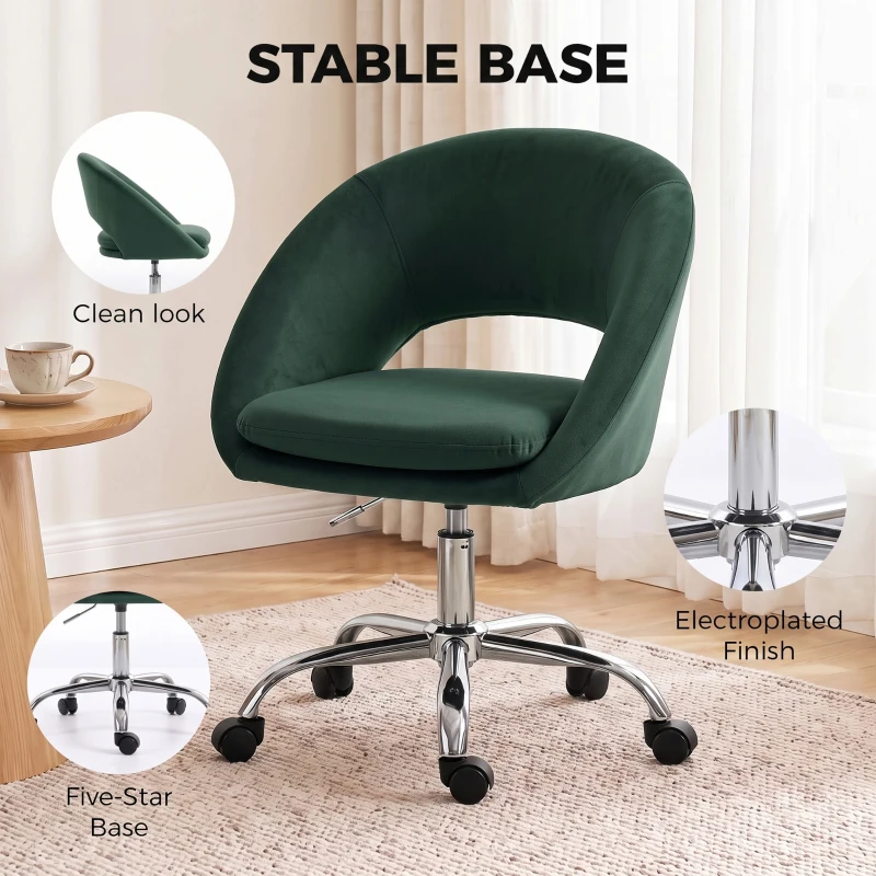 HOMCOM Velvet Desk Chair, Modern Office Chair with Height-Adjustable, Wheels, for Home Study Bedroom, Dark Green