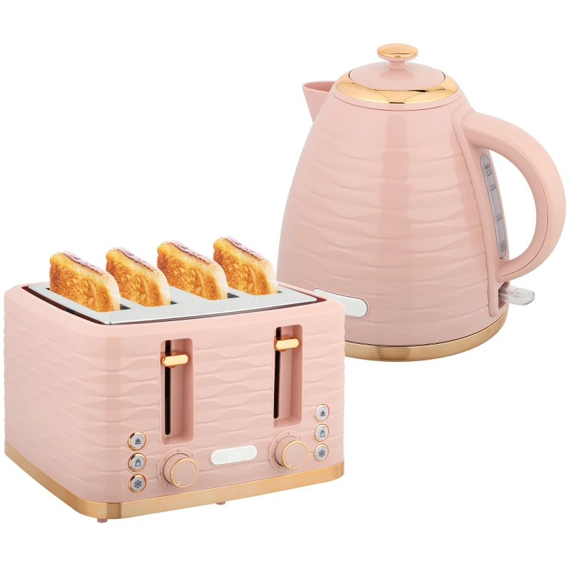 HOMCOM 2-in-1 Toaster en Waterkoker Set, 7 Bruiningsniveaus, Onthouden en Opwarmfunctie, Roze