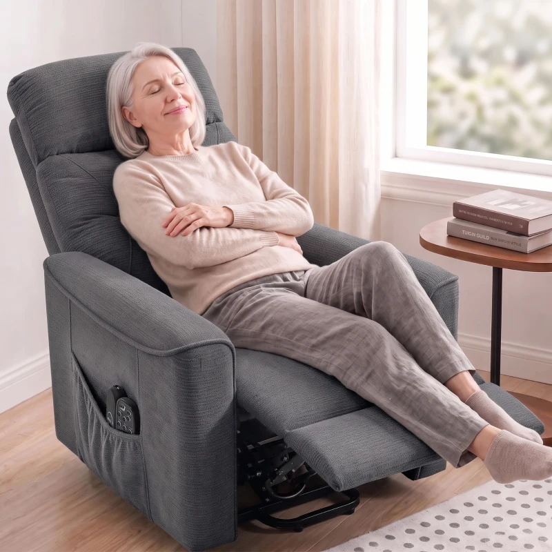 HOMCOM Elektrische relaxstoel met opsta-hulp, massage en warmte, chenille fauteuil met pocketveren, donkergrijs