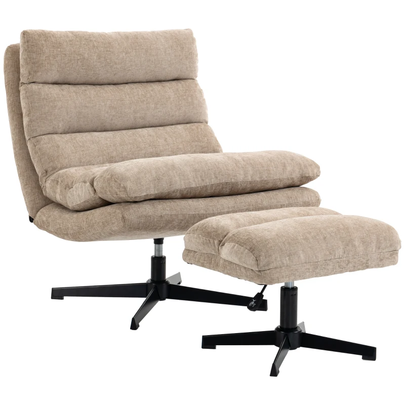 HOMCOM Sillón lounge con reposapiés, sillón chenilla giratorio con reposapiés regulable en altura, acolchado grueso y asiento ancho, Marrón