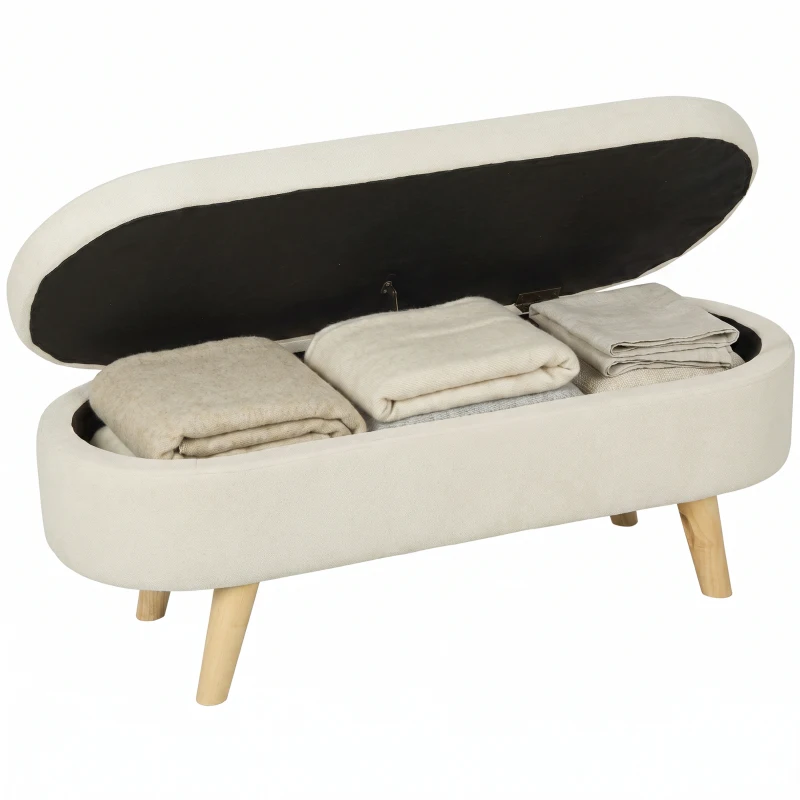HOMCOM Bancă, Banchetă, Capăt de Pat, Spațiu de Depozitare 2 în 1 din Țesătură cu Picioare din Lemn, 110l x 40P x 43H cm, Crem
