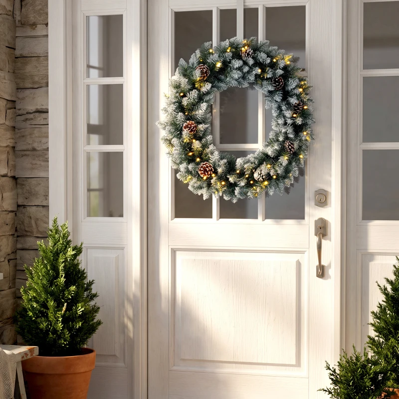 HOMCOM Guirlande de Noël enneigée Ø60 cm avec lumières LED 8 modes, 140 branches, pommes de pin, couronne de Noël, Vert