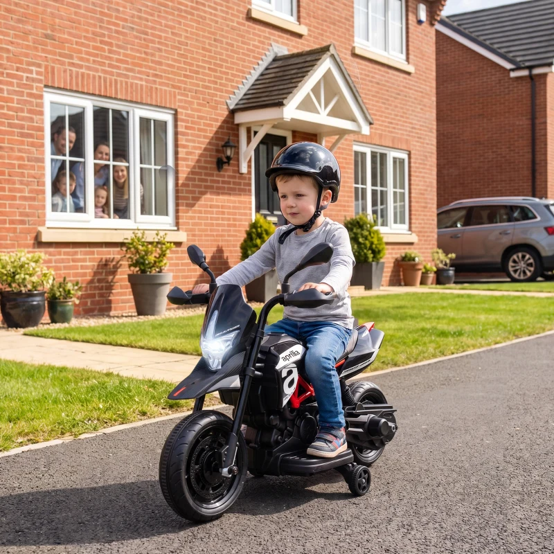 AIYAPLAY 6V Kids Electric Motorbike with Training Wheels, Headlight, Music, Horn for 80-110 cm Height, 18 Months-4 Years, Black