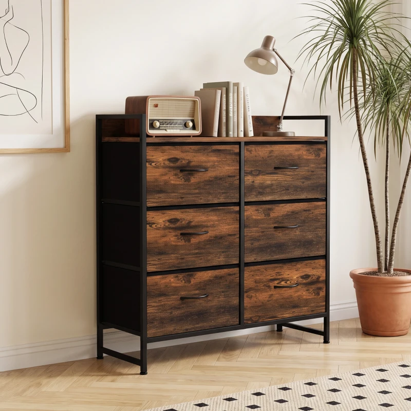 HOMCOM Rustic Chest of Six Fabric Drawers - Rustic Brown