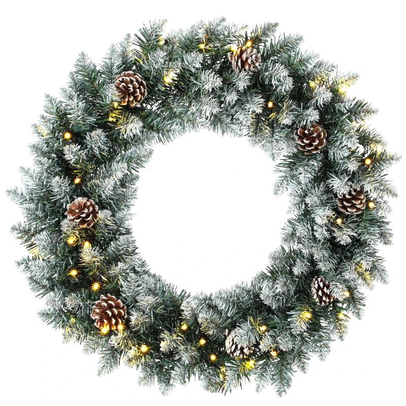 HOMCOM Verlichte kerstkrans 60 cm met 50 leds, dennenappels en sneeuwlook voor kerst en voordeur