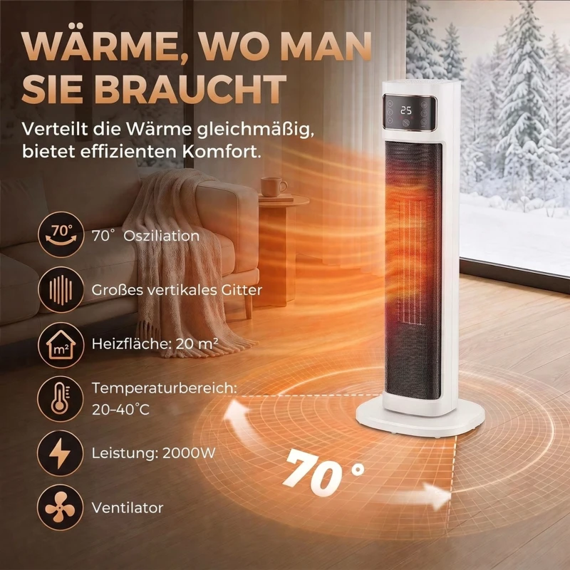 HOMCOM Keramische kachelventilator, 2.000 W, 4 standen, thermostaat, afstandsbediening, energiebesparend