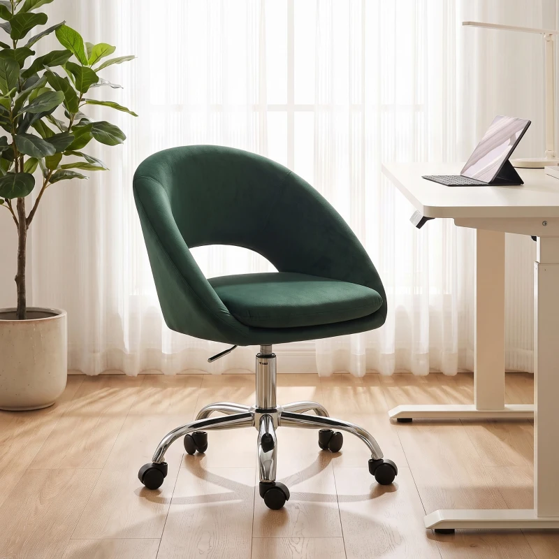 HOMCOM Velvet Desk Chair, Modern Office Chair with Height-Adjustable, Wheels, for Home Study Bedroom, Dark Green