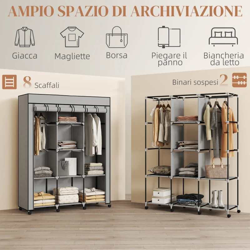 HOMCOM Armadio Salvaspazio con Base Rialzata, 8 Ripiani e 2 Barre, in Tessuto non Tessuto e Acciaio, Grigio Chiaro