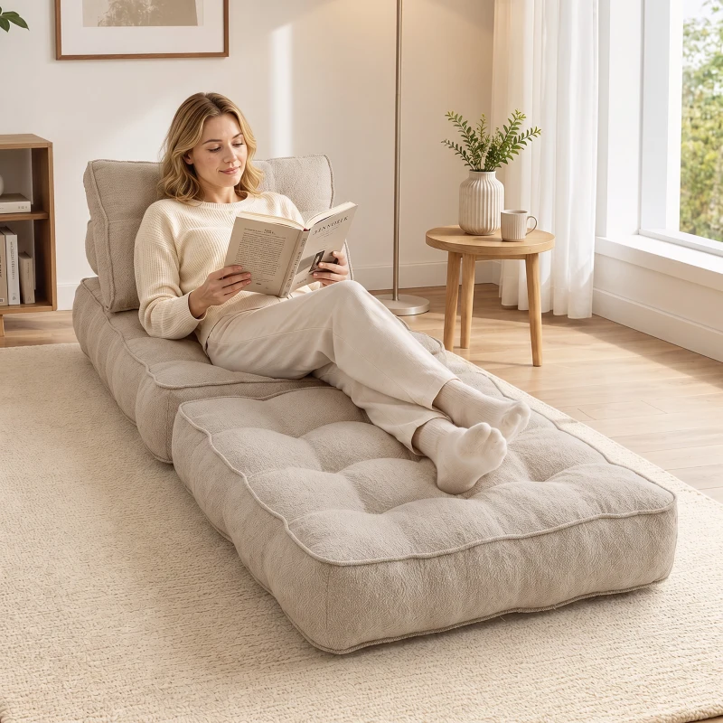 HOMCOM Sofá Cama 1 Plaza Convertible 3 en 1 Sillón de Suelo Plegable Sillón Cama de Lino con 2 Almohadas Acolchado Crema