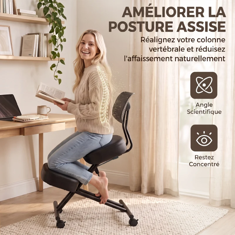HOMCOM Chaise à Genoux Ergonomique avec Dossier, Siège Assis Genoux Réglable en PU sur Roulettes, Noir