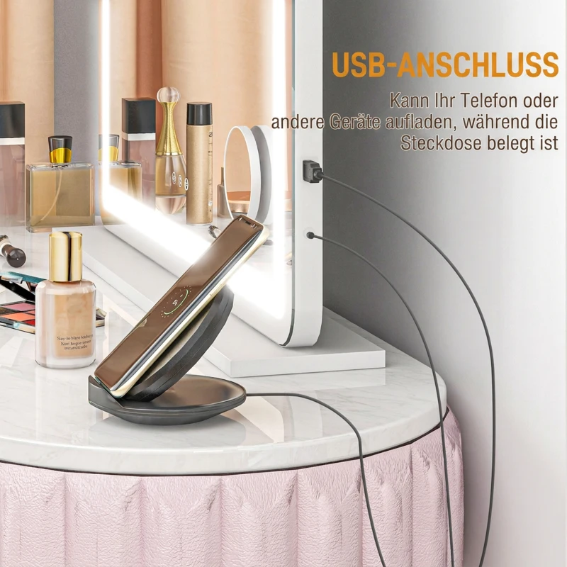 HOMCOM Schminkspiegel mit LED Beleuchtung 80x60 cm Kosmetikspiegel mit 3 Lichtfarben, USB-Ladefunktion, 10X Vergrößerung