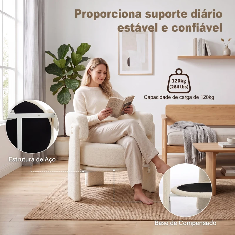 HOMCOM Poltrona em Tecido Bouclé com Almofada Lombar Assento Profundo Acolchoado e Braços Branco-Creme
