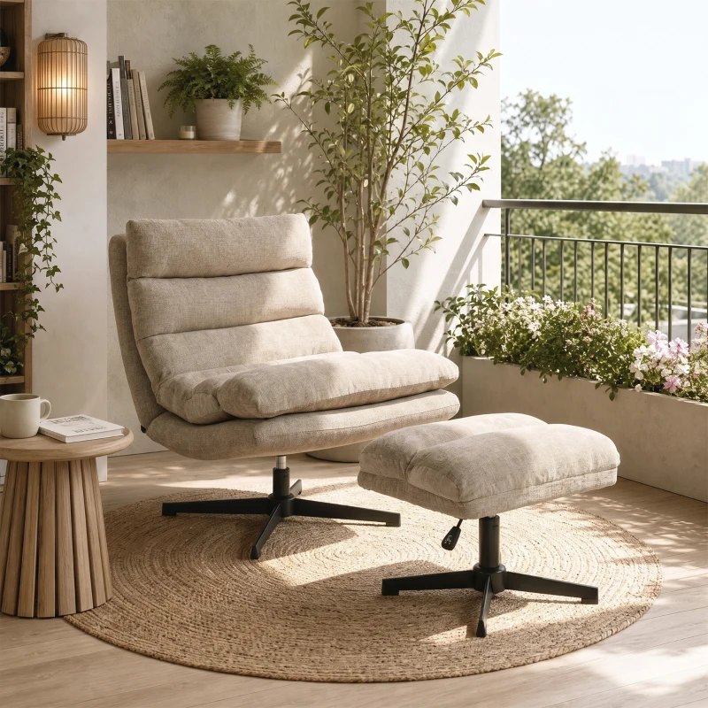 HOMCOM Sillón lounge con reposapiés, sillón chenilla giratorio con reposapiés regulable en altura, acolchado grueso y asiento ancho, Marrón