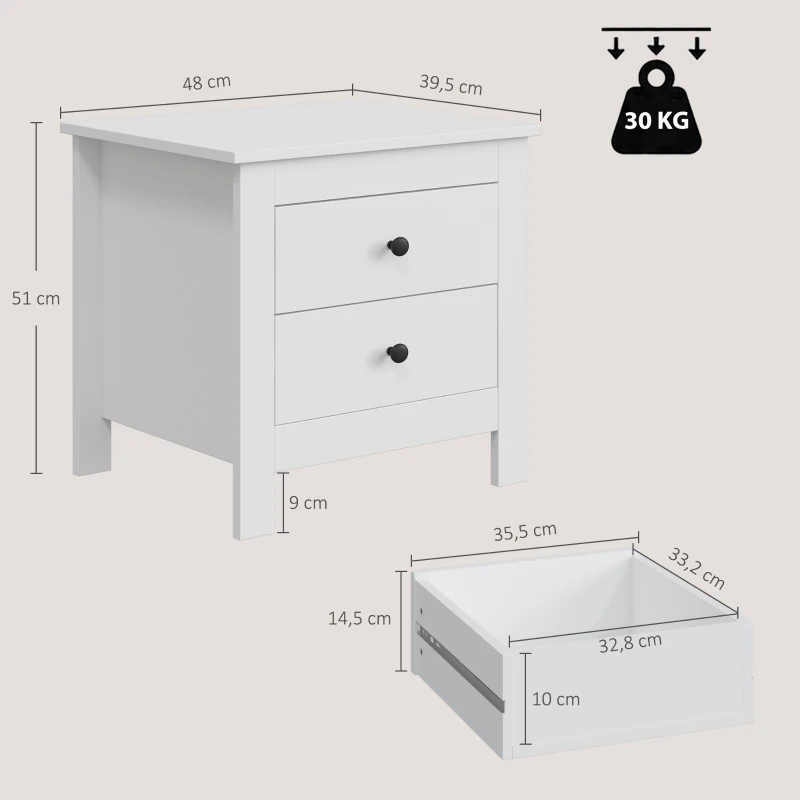 HOMCOM Modern nachtkastje met 2 lades, bijzettafel met antislippads voor de slaapkamer, wit