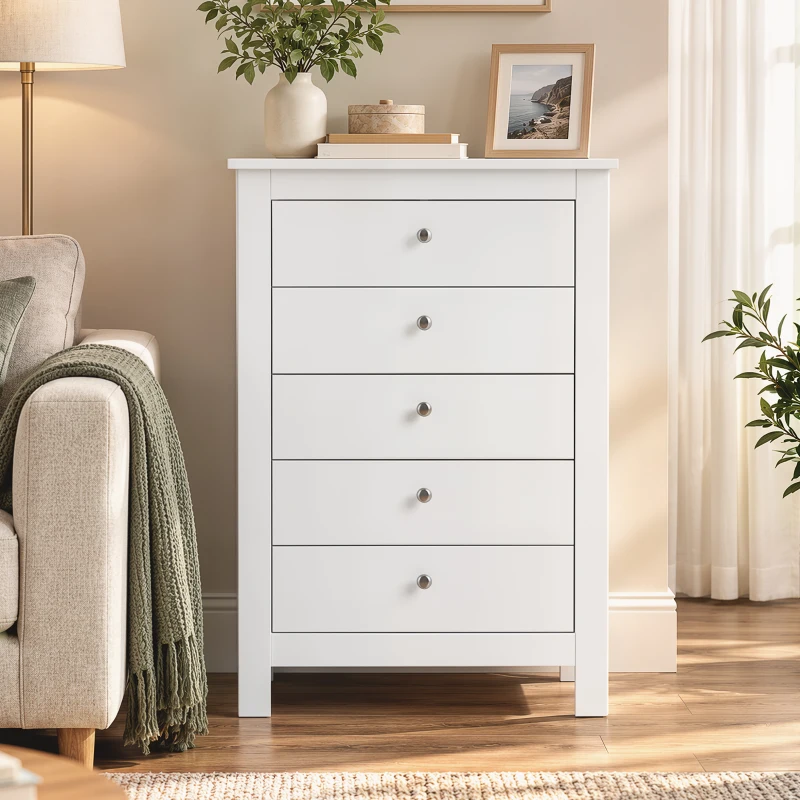 HOMCOM Commode 5 Tiroirs, Meuble de Rangement avec Glissières Fluides, Chiffonnier, Style Moderne, 60 x 39,5 x 95,3 cm, Blanc