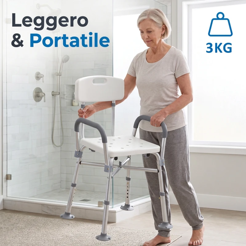 HOMCOM Sedia Doccia ad Altezza Regolabile con Braccioli e Cuscino Rimovibile 53.5x52x80-90 cm, Bianca