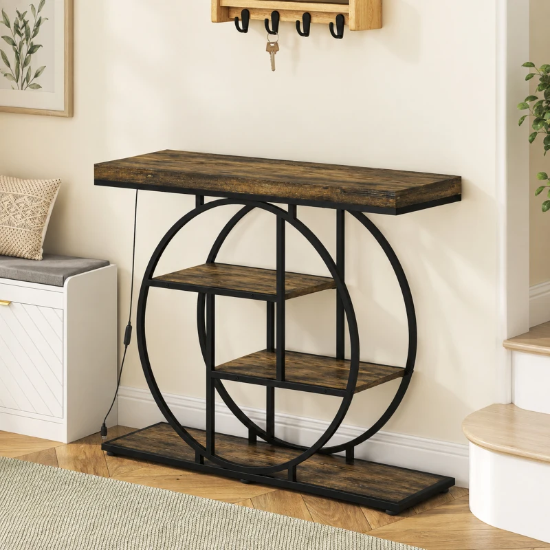 HOMCOM Console meuble avec éclairage LED 100 cm, table console à 4 niveaux avec étagères ouvertes, marron rustique et noir(m-2)
