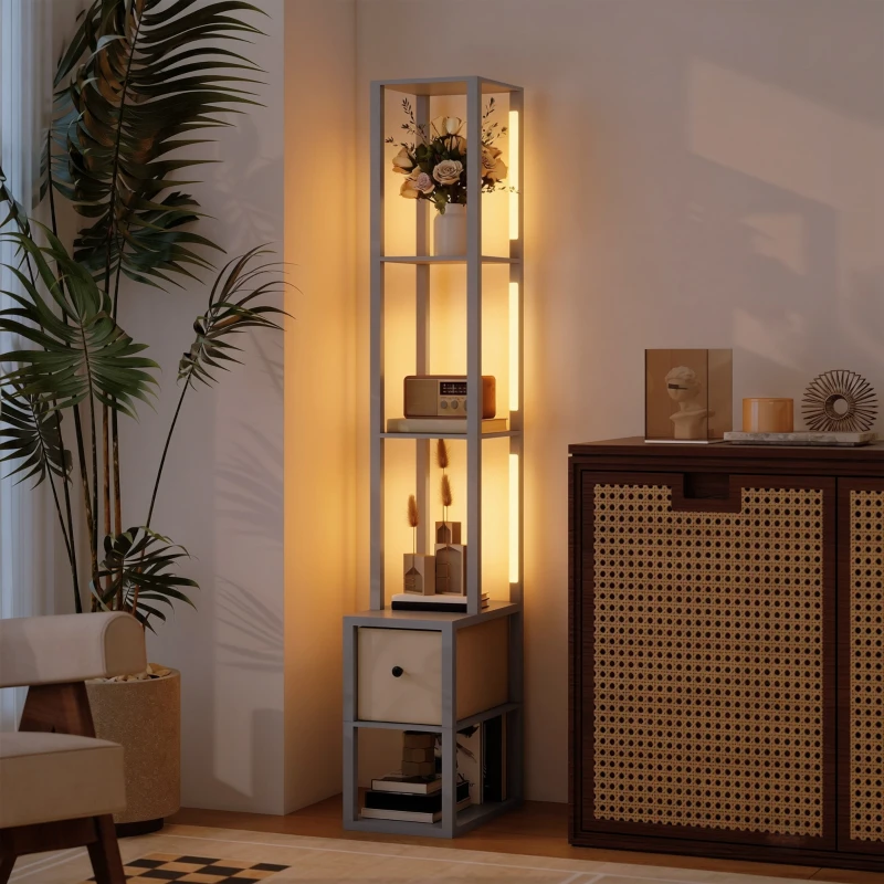 HOMCOM Floor Lamp with Shelves, LED Column Modern Standing Lamp with Fabric Drawer, Adjustable Brightness, Foot Switch for Living Room, Bedroom, Office, Grey