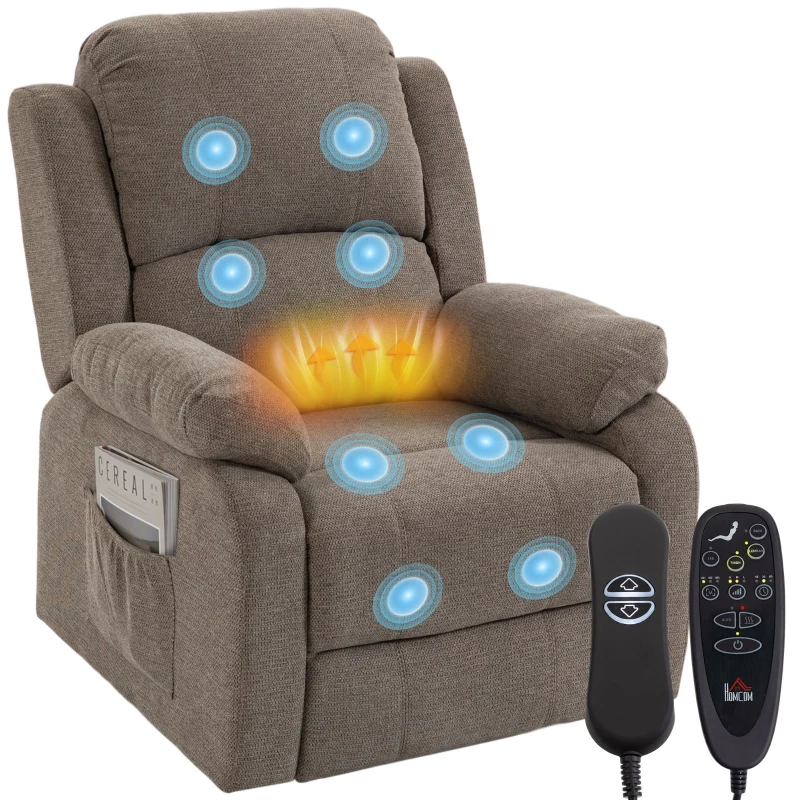 HOMCOM Fauteuil Releveur Électrique Inclinable avec Massage et Chauffage en Tissu Effet Lin Marron Clair