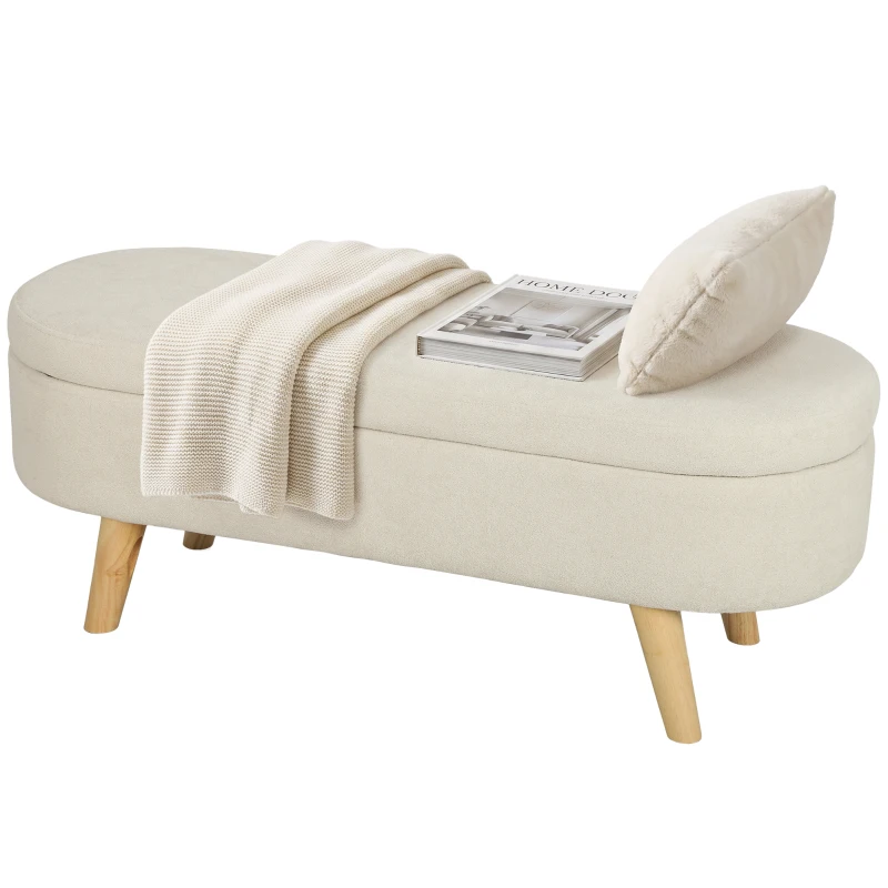HOMCOM Bancă, Banchetă, Capăt de Pat, Spațiu de Depozitare 2 în 1 din Țesătură cu Picioare din Lemn, 110l x 40P x 43H cm, Crem
