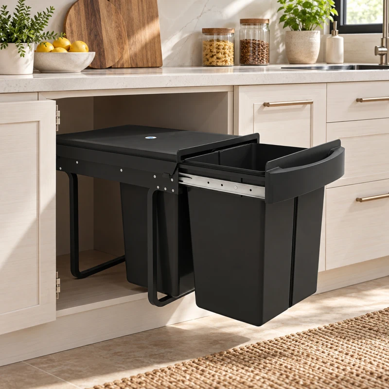 HOMCOM Pull Out Bin, Kitchen Under Sink Bin with 2 Removable Compartments, Smooth Glide, Black