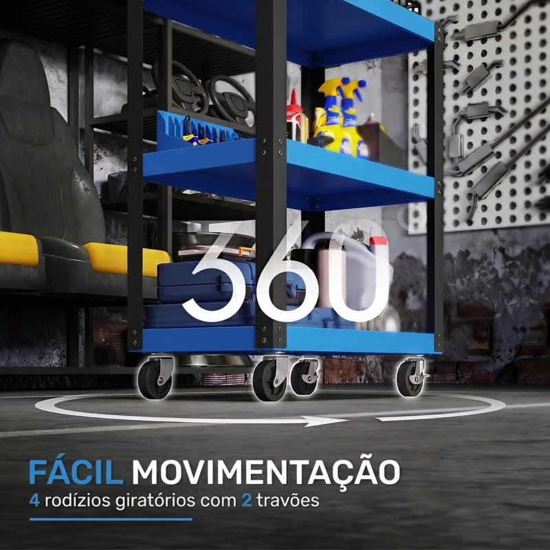 HOMCOM Carrinho de Ferramentas com 3 Prateleiras Rodas com Travão e Pega para Garagem Oficina 120 kg Azul e Preto