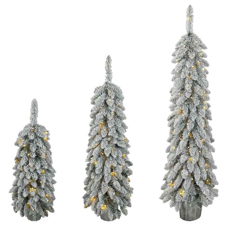 HOMCOM Conjunto com 3 Árvores de Natal Artificiais com Neve Pré-iluminadas com Pontas em PVC e LEDs Branco Quente