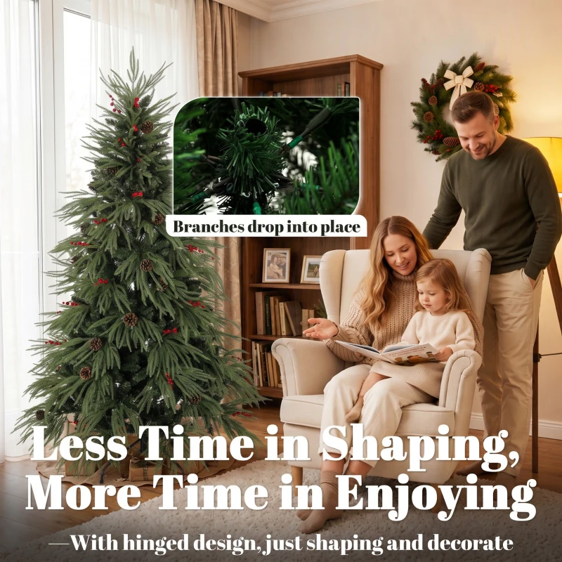 HOMCOM 6ft Artificial Christmas Tree with Pinecones, Red Berries, Hinged Predecorated Xmas Tree with 2843 Branch Tips