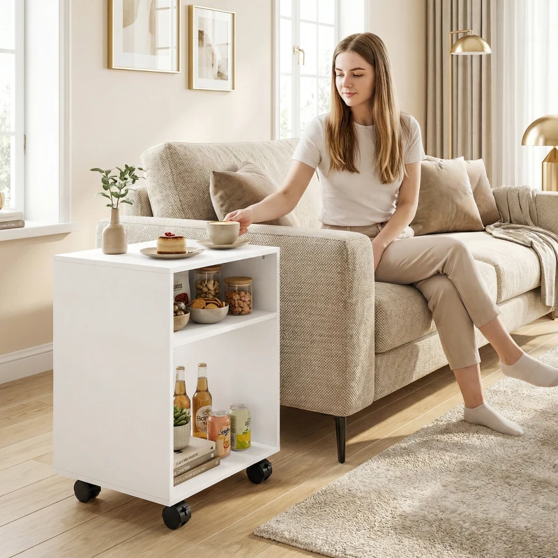 HOMCOM Mobile Porta Stampante in Legno con Ruote a Freno e 2 Scomparti Aperti, 40x35x55 cm, per Ufficio Studio, Bianco