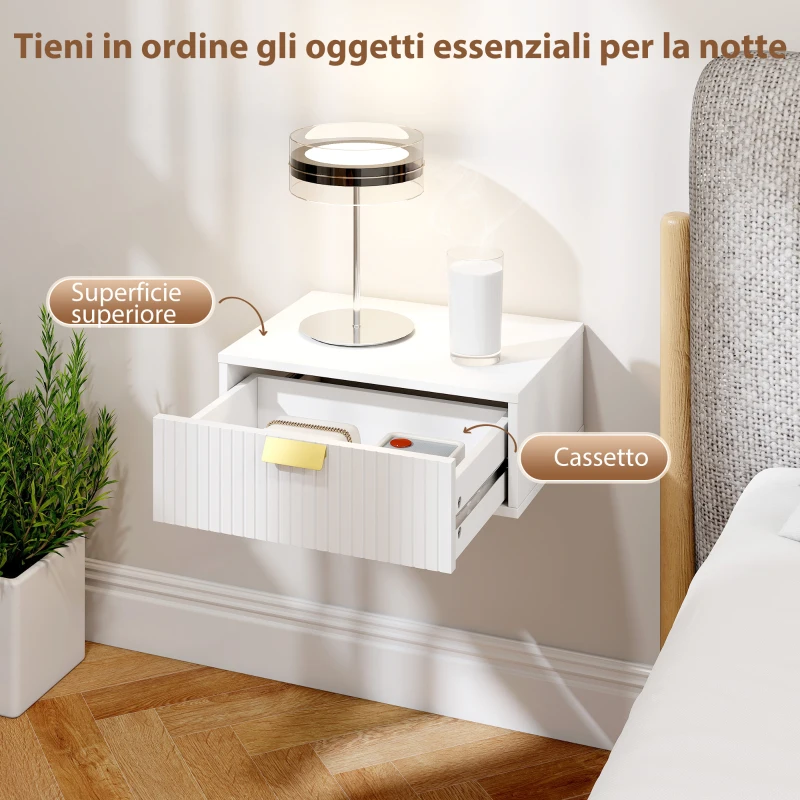 HOMCOM Set di 2 Comodini Camera da Letto da Parete con Cassetto Ondulato, Comodini Sospesi, per Soggiorno, 40x30x15cm, Bianco