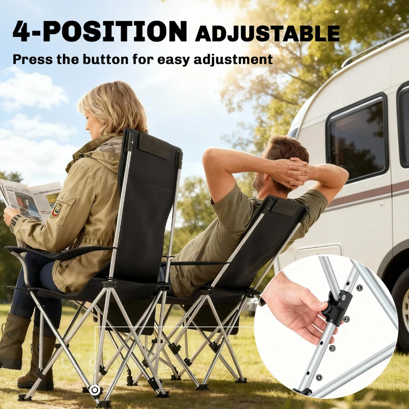 Outsunny Set of 2 Reclining Folding Camping Chair w/ Detachable Footrest, Storage Bag, Cup Holder & Headrest, Lightweight Portable Camp Chair for Beach, Picnic, Orange and Black