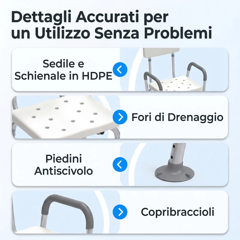 HOMCOM Sedia Doccia ad Altezza Regolabile con Braccioli e Cuscino Rimovibile 53.5x52x80-90 cm, Bianca