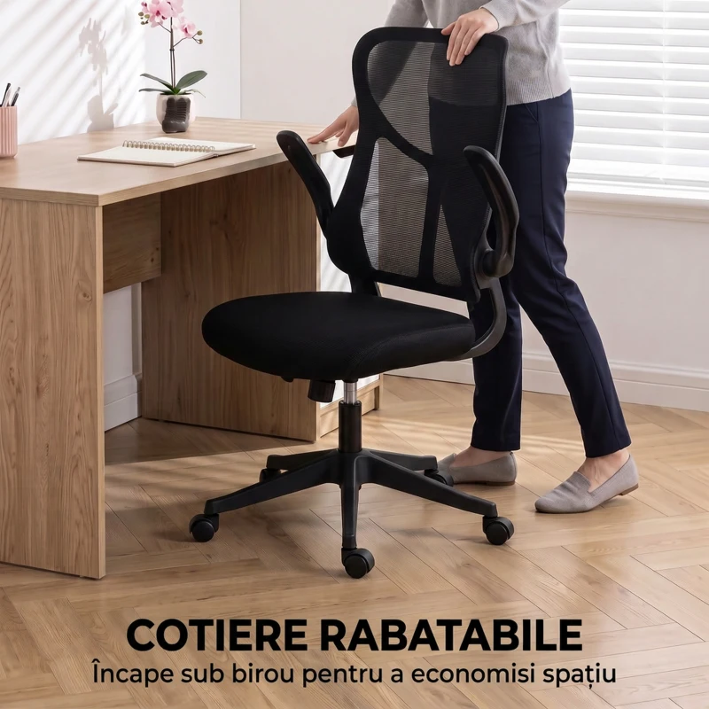 HOMCOM Scaun de birou ergonomic rotativ cu brațe rabatabile, funcție de balans, înălțime reglabilă, din plasă, negru