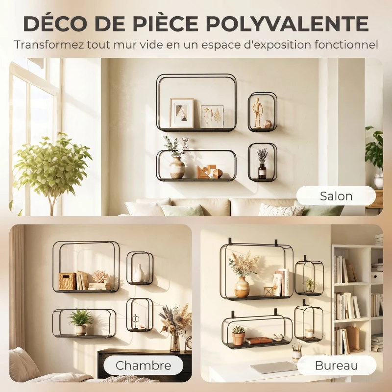 HOMCOM Lot de 4 étagères murales industrielles, étagères flottantes géométriques en métal, pour salon, chambre et bureau, noir