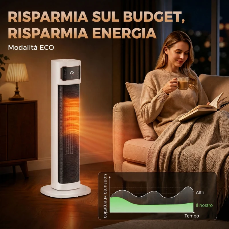 HOMCOM Riscaldatore Elettrico in Ceramica con Termostato Regolabile, 4 Modalità, Pannello Touch, Telecomando, Bianco