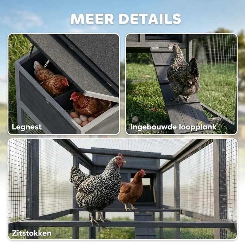 PawHut Kippenhok kippenverblijf voor 3-4 kippen met ren nestkast asfaltdak Oxford-afdekking uittrekbare lade 264x82x89cm grijs