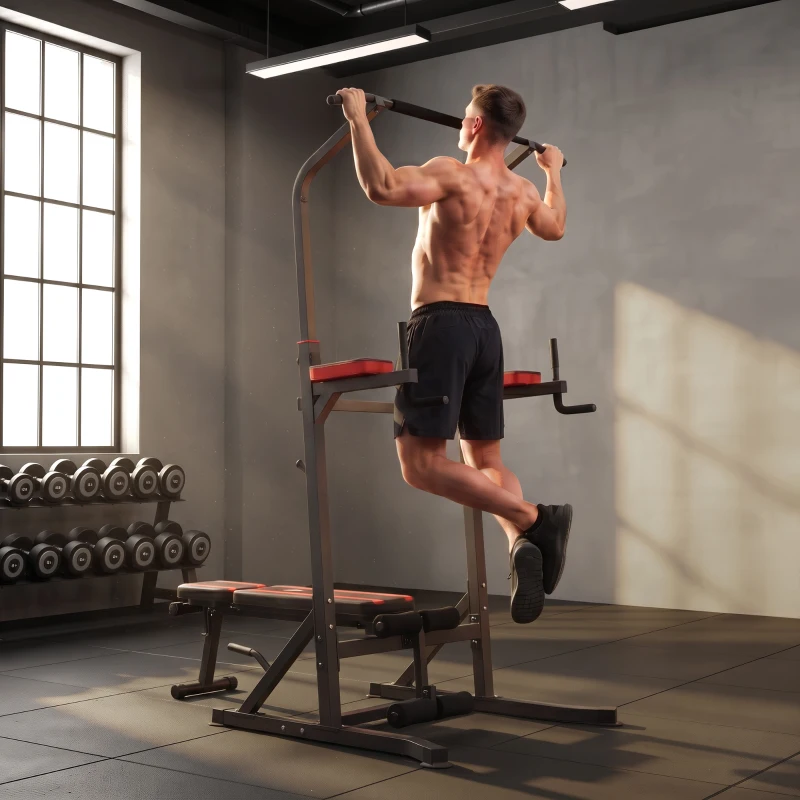 HOMCOM Power Tower Pieghevole con Panca Piana Regolabile, Rack Palestra Multifunzione con Barre per Dip e Trazioni, Altezza Regolabile 7 Livelli, in Acciaio, Allenamento Fitness Casa Palestra, Rosso