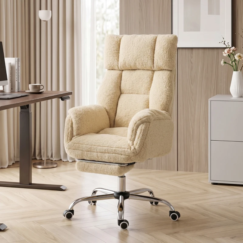 HOMCOM Chaise Bureau Ergonomique avec Accoudoirs Rabattables 5 Niveaux, Fauteuil de Bureau Inclinable en Tissu Teddy, Crème