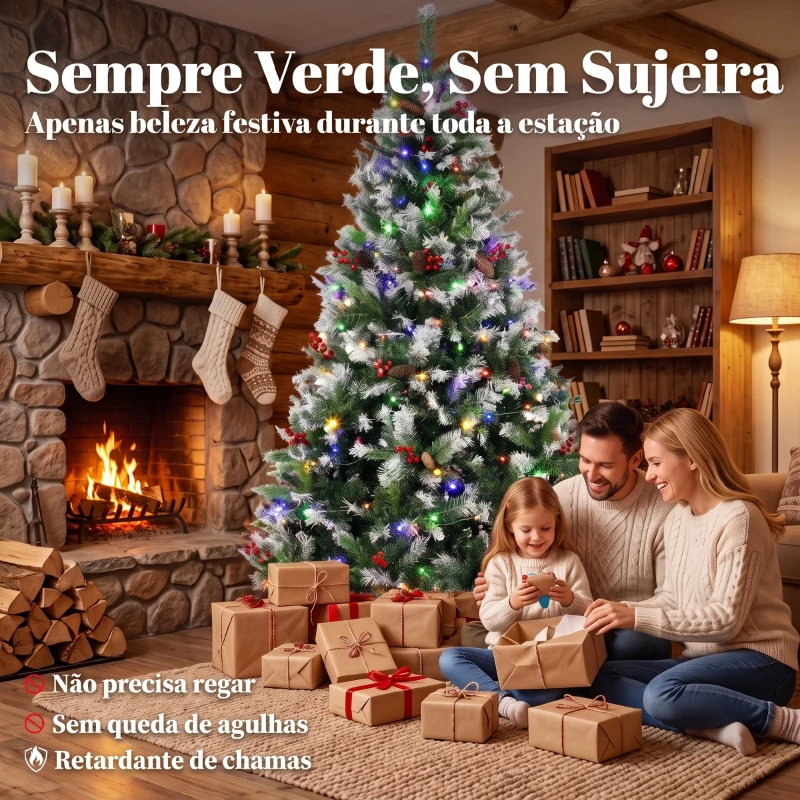 HOMCOM Árvore de Natal Nevada 210 cm com 400 LED 11 Modos Comando à Distância 1253 Pontas 44 Pinhas e 44 Bagas
